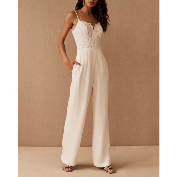 New Hayley Paige x BHLDN Harvey Ivory Beige Sequin Bodice Crepe Wedding Jumpsuit - Picture 1 of 15